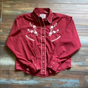 Women’s Vintage Red/Burgundy Western Shirt with Floral Embroidery